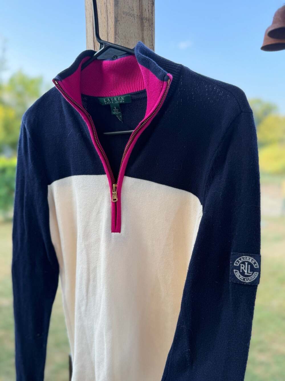 Lauren Ralph Lauren Women's Colorblock Quarter-Zip Pullover Sweater with Crest P